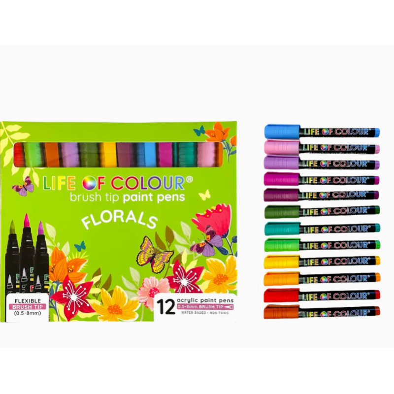LOT DE 12 FEUTRES ACRYLIQUES POINTE BRUSH FLORALS