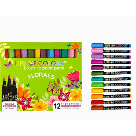 LOT DE 12 FEUTRES ACRYLIQUES POINTE BRUSH FLORALS