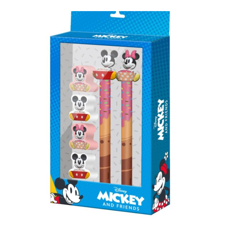 Set de 2 crayons + 4 gommes Mickey et Minnie - Disney