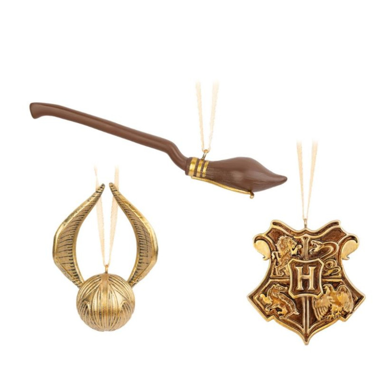 PACK DE 3 DECORATIONS DE NOEL HARRY POTTER - VIF D'OR, NIMBUS2000 ET EMBLEME POUDLARD