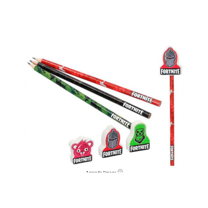 Lot de 3 crayons + 3 gommes Fortnite