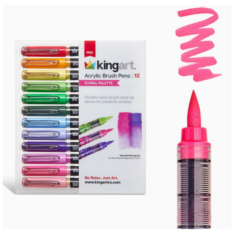 PACK FEUTRE BRUSH acrylique - 12 couleurs FLORALES KINGART