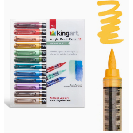 Stylos à pointe pinceaux en peinture acrylique - 12 couleurs vintage KINGART