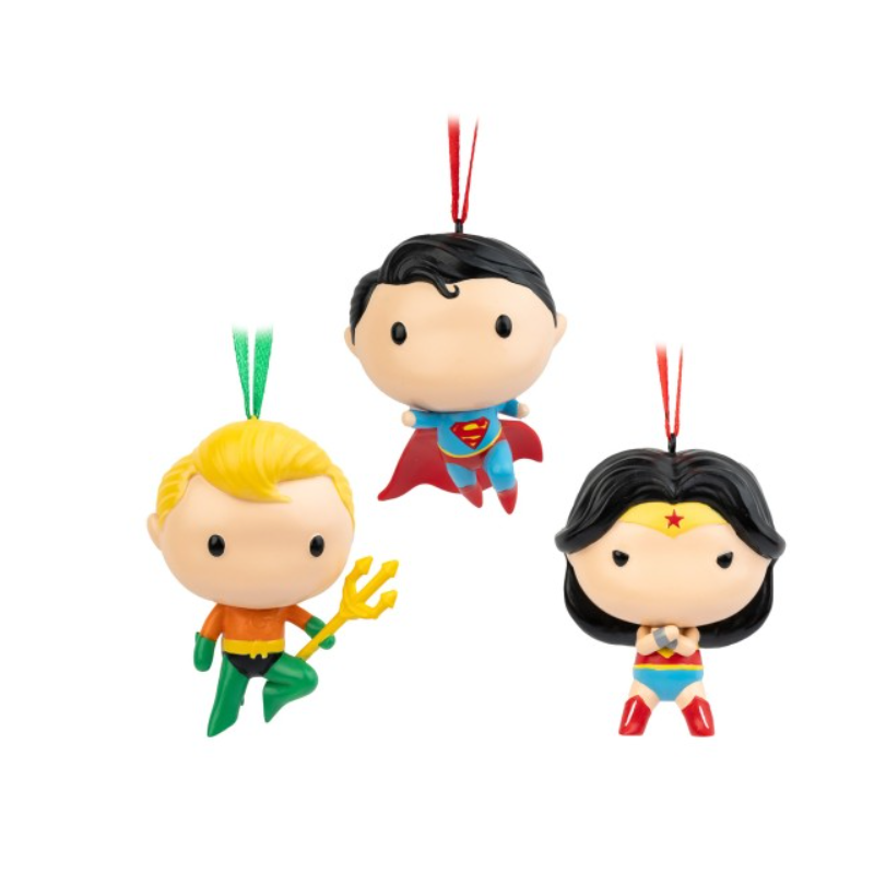 PACK DE 3 DECORATIONS DE NOEL DC COMICS - SUPERMAN, WONDER WOMAN ET AQUAMAN