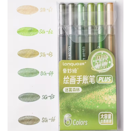 Pack de 6 stylos gel à paillettes vert Languo P600-47