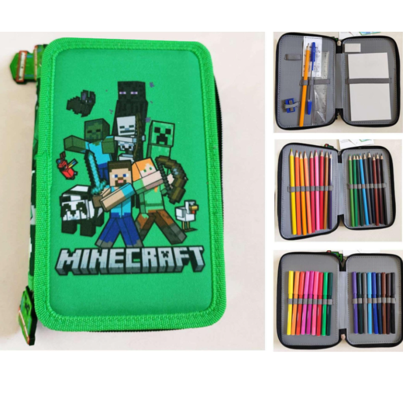 Minecraft - Trousse à crayons à trois compartiments – Avec contenu – 13,5 x 20 x 6,5 cm