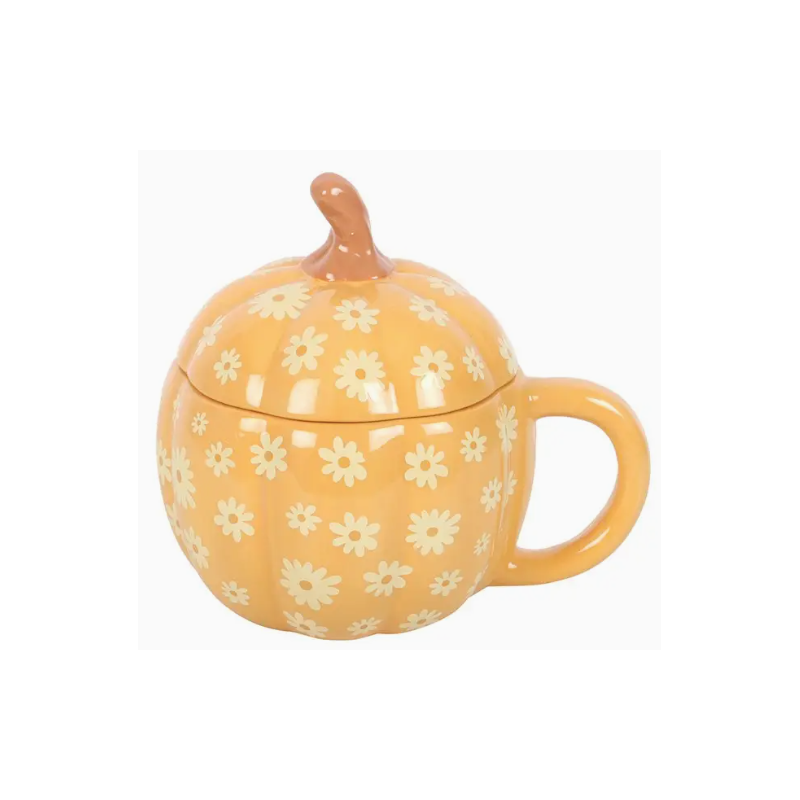 Tasse citrouille avec couvercle et motif floral rétro - 500Ml