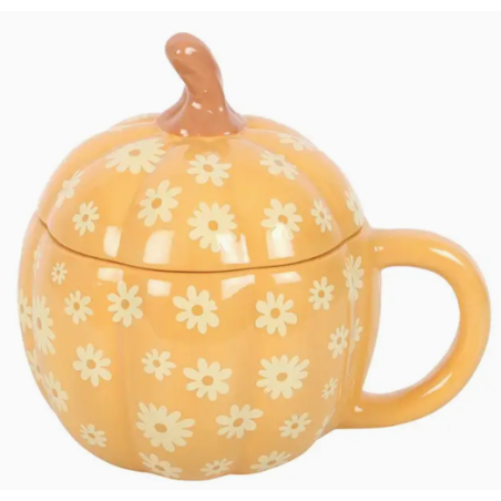 Tasse citrouille avec couvercle et motif floral rétro - 500Ml