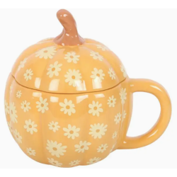 Tasse citrouille avec couvercle et motif floral rétro - 500Ml