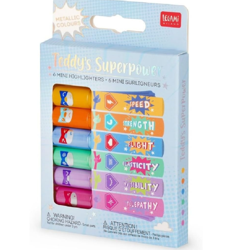 Lot 6 mini surligneurs Legami Teddy's Superpower