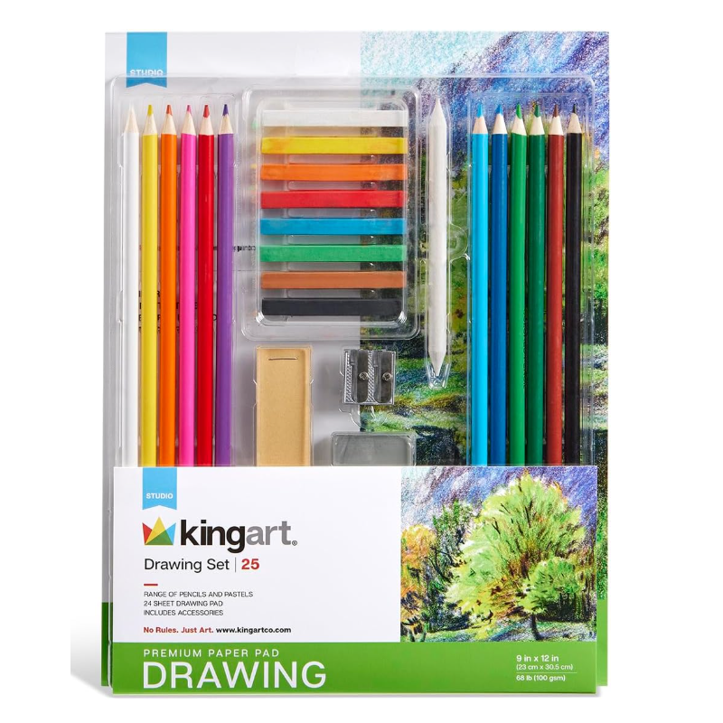 Kit de dessin et d'esquisse professionnel KINGART 25 pièces avec bloc à dessin