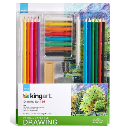 Kit de dessin et d'esquisse professionnel KINGART 25 pièces avec bloc à dessin