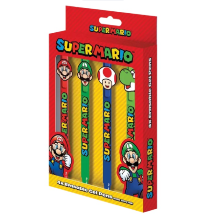 SUPER MARIO 4 Stylos à Gel Effaçable + Tête Topper